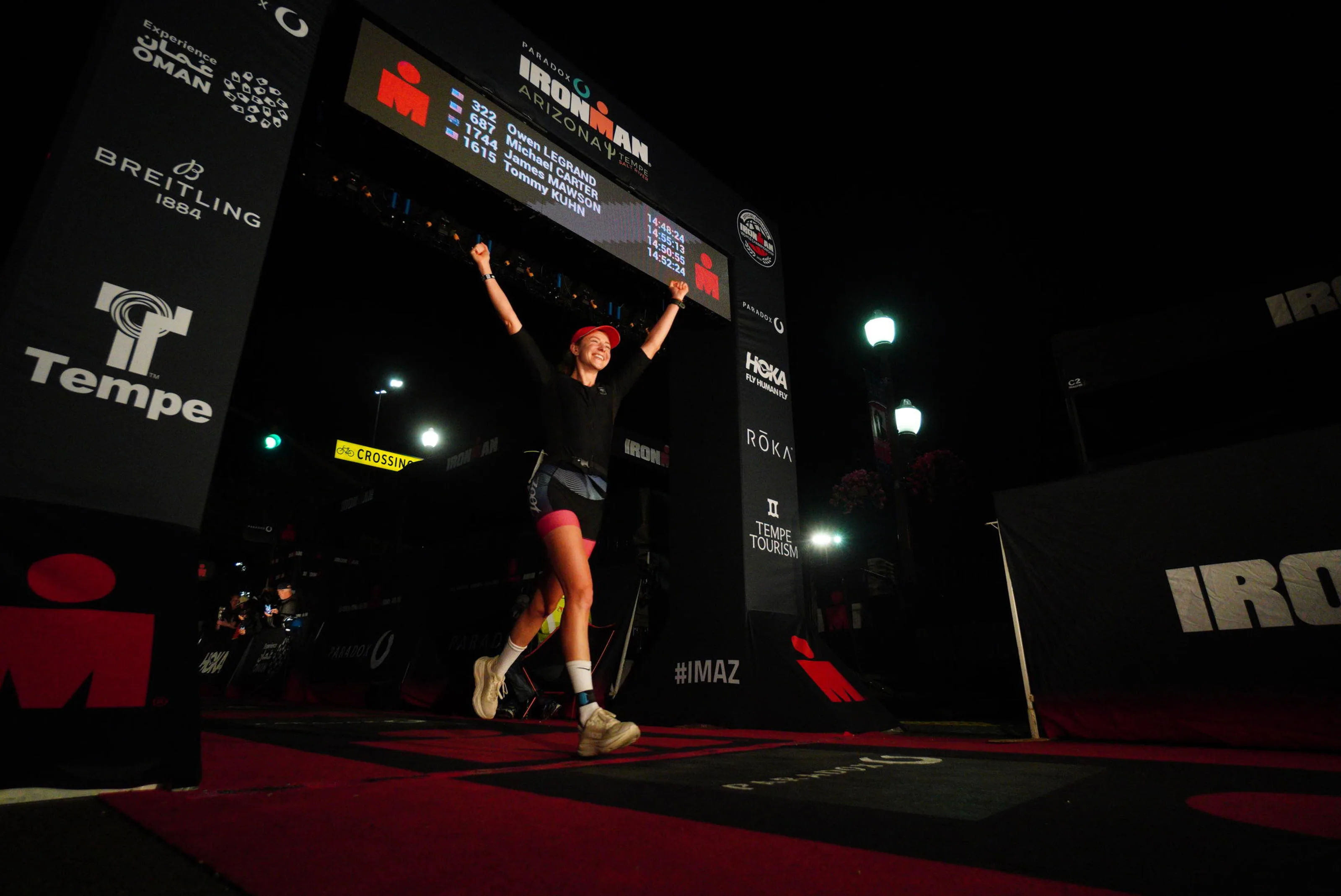 Athlete crossing an Ironman finish line